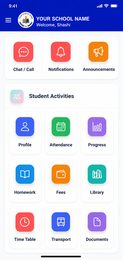 NeoSchool mobile app showing student activities, attendance, and fees