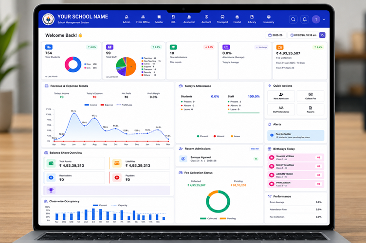 NeoSchool school management dashboard on a laptop showing attendance, fee collection, and analytics